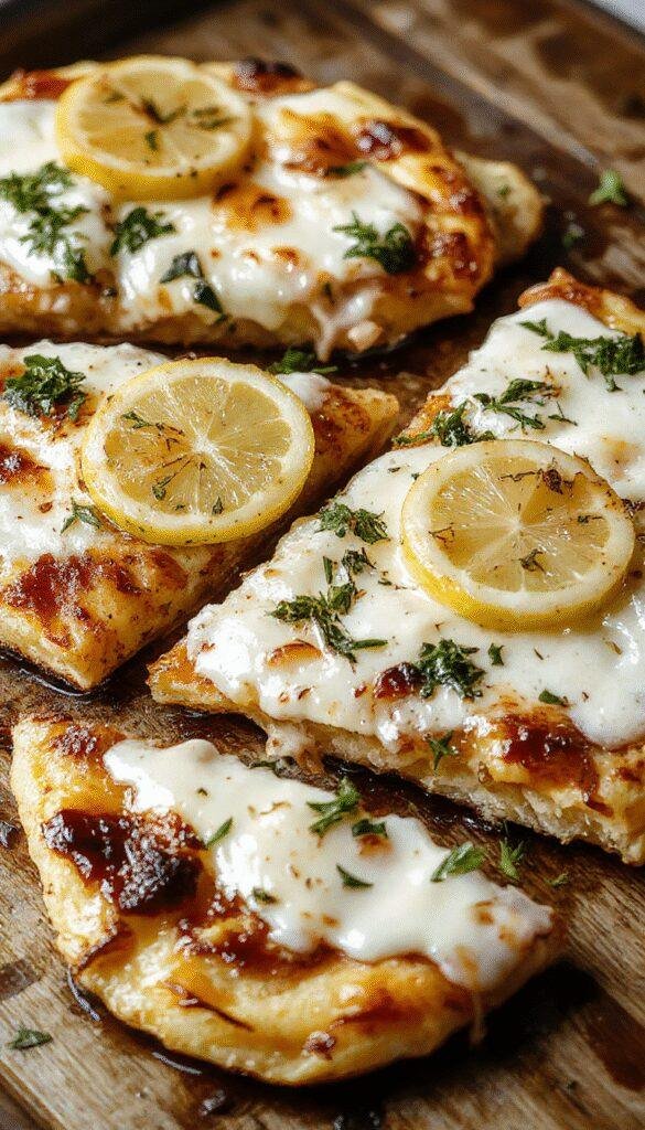 A crispy grilled pizza topped with fresh lemon slices, dollops of creamy ricotta, and a sprinkle of herbs on a wooden serving board.