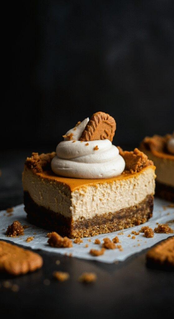 Casual scene of vegan pumpkin cheesecake bars with Biscoff crust on a rustic wooden table in a cozy home setting, showcasing imperfect, inviting slices with natural lighting and a slightly cluttered background featuring cookies and kitchen essentials.