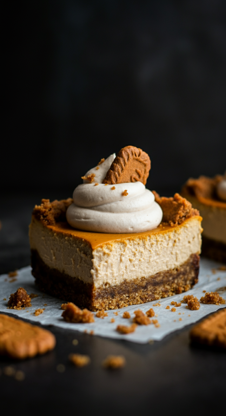 Casual scene of vegan pumpkin cheesecake bars with Biscoff crust on a rustic wooden table in a cozy home setting, showcasing imperfect, inviting slices with natural lighting and a slightly cluttered background featuring cookies and kitchen essentials.