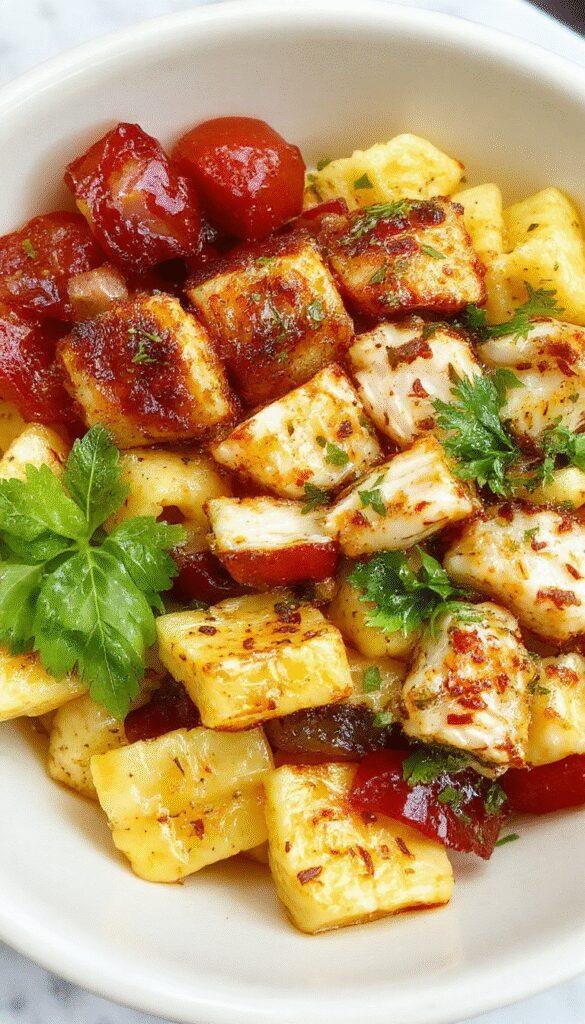 Colorful Mediterranean Chicken Pasta Salad served in a bowl with fresh vegetables, herbs, and grilled chicken pieces, highlighting its vibrant appearance.