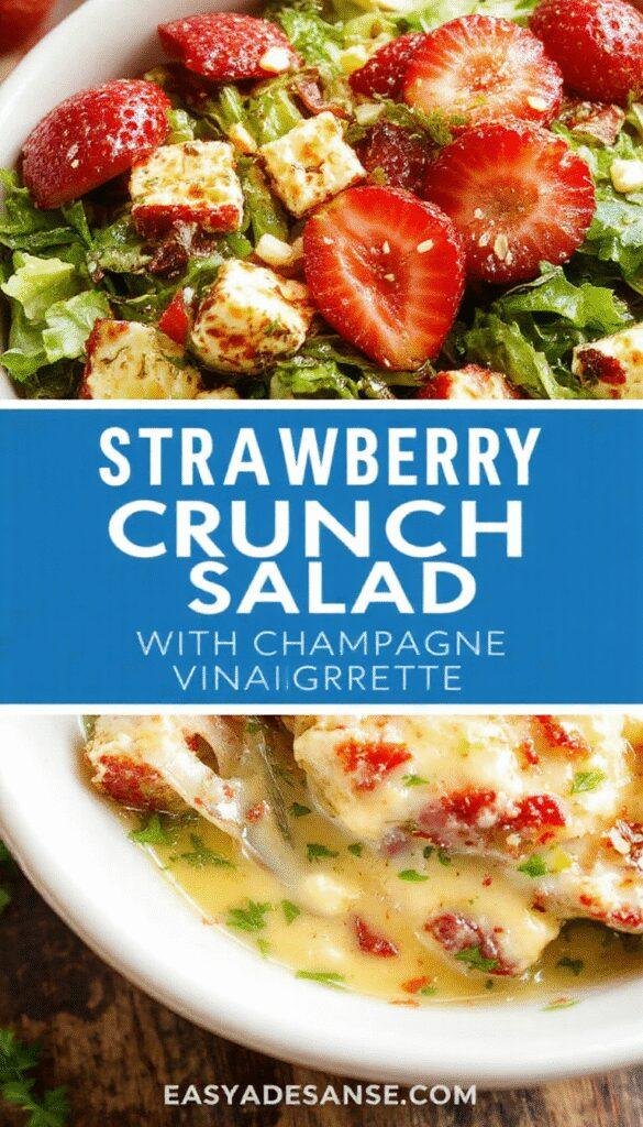 A vibrant bowl of Viral Strawberry Crunch Salad topped with crunchy nuts and fresh mint, drizzled with sparkling champagne vinaigrette, set on a rustic wooden table.