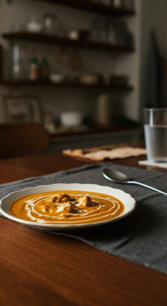 A realistic, amateur-style photo of butter chicken on a simple plate in a home setting, featuring uneven lighting, a wrinkled cloth, crumbs, and a cozy kitchen background with everyday clutter. Perfect for showcasing a casual weeknight dinner.
