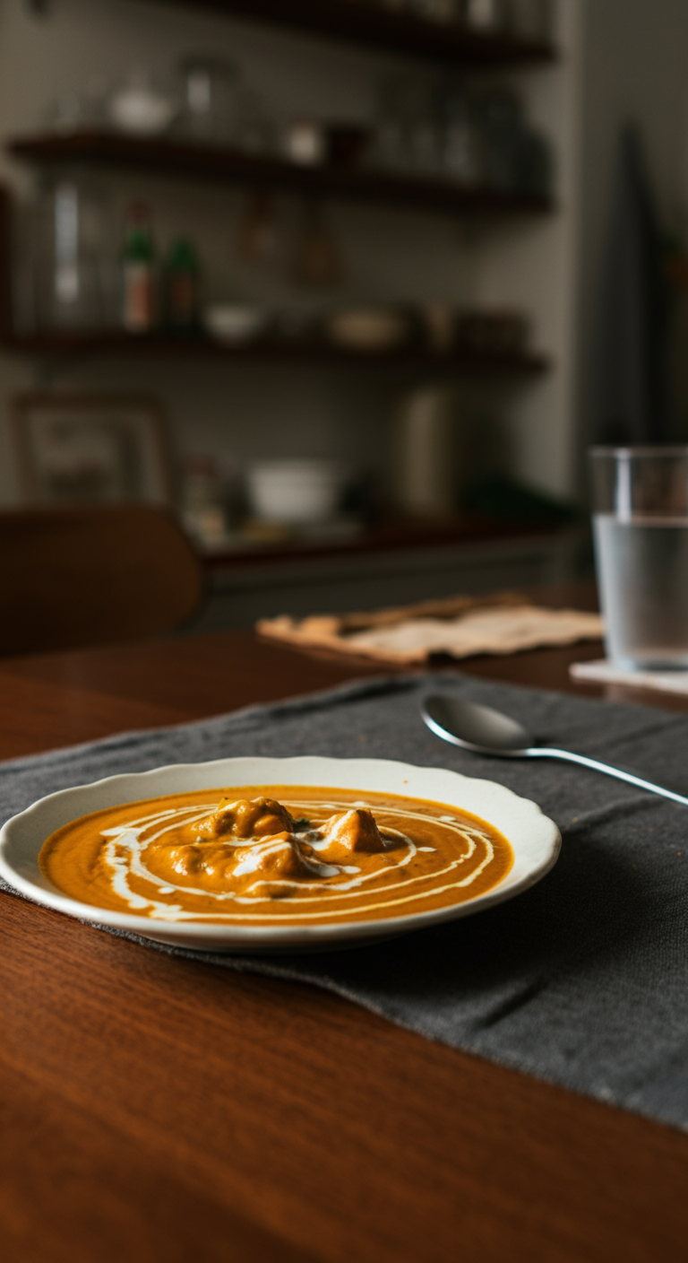A realistic, amateur-style photo of butter chicken on a simple plate in a home setting, featuring uneven lighting, a wrinkled cloth, crumbs, and a cozy kitchen background with everyday clutter. Perfect for showcasing a casual weeknight dinner.