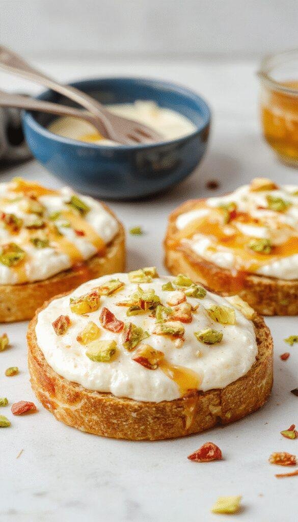 Creamy whipped ricotta toasts topped with chopped pistachios and a drizzle of honey on a rustic plate