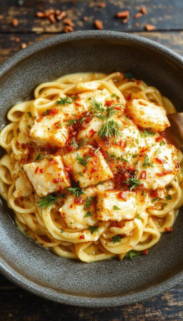 A plate of Zesty Cowboy Butter Chicken Linguine garnished with fresh herbs and a slice of lemon on a rustic wooden table.