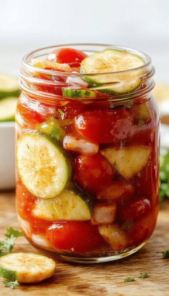 A colorful bowl of zesty pickled cherry tomatoes, sliced onions, and cucumbers, garnished with herbs ready for summer enjoying.