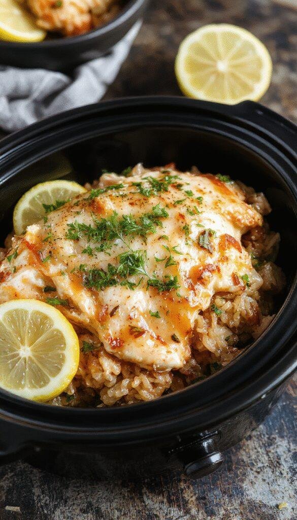A delicious plate of Zesty Slow Cooker Lemon Herb Chicken served over fluffy rice, garnished with fresh herbs and lemon slices.