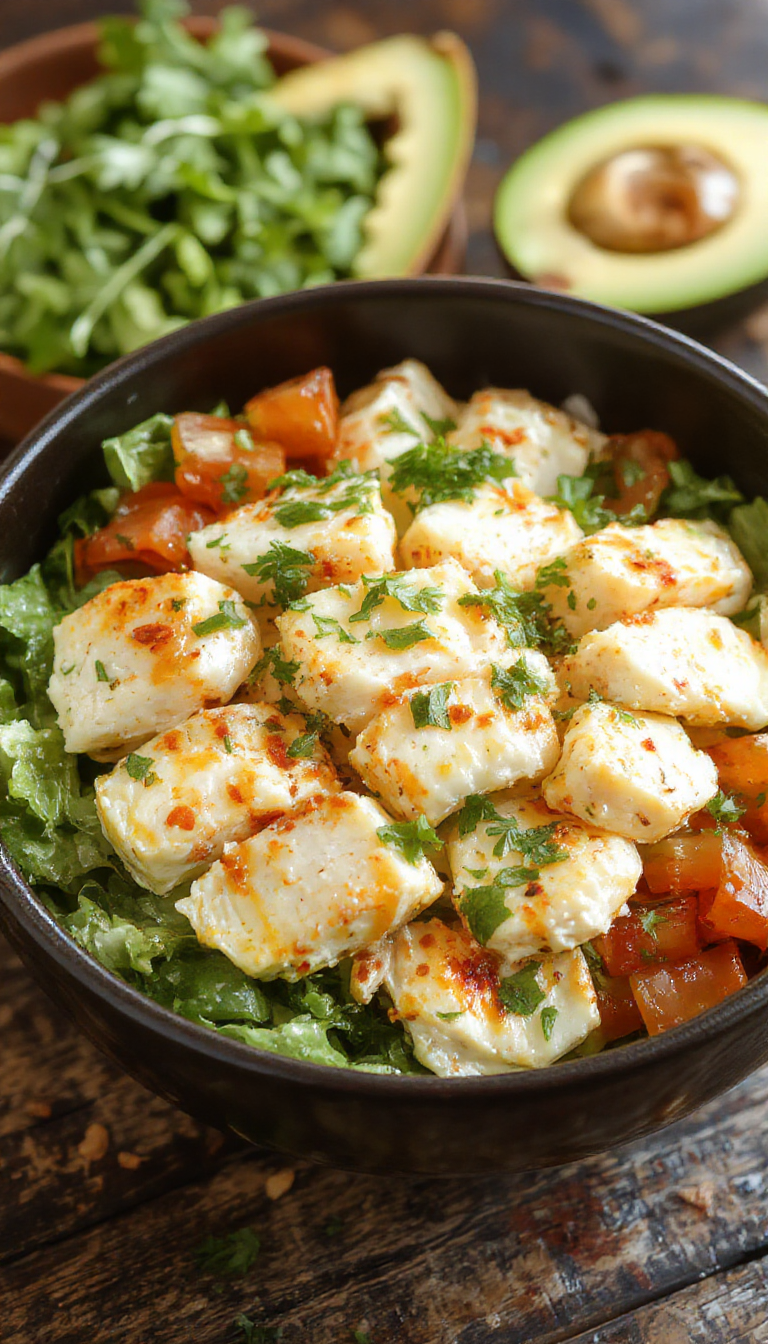 Colorful Zesty Southwest Chicken Salad Bowl with grilled chicken, fresh vegetables, and vibrant dressing served in a bowl