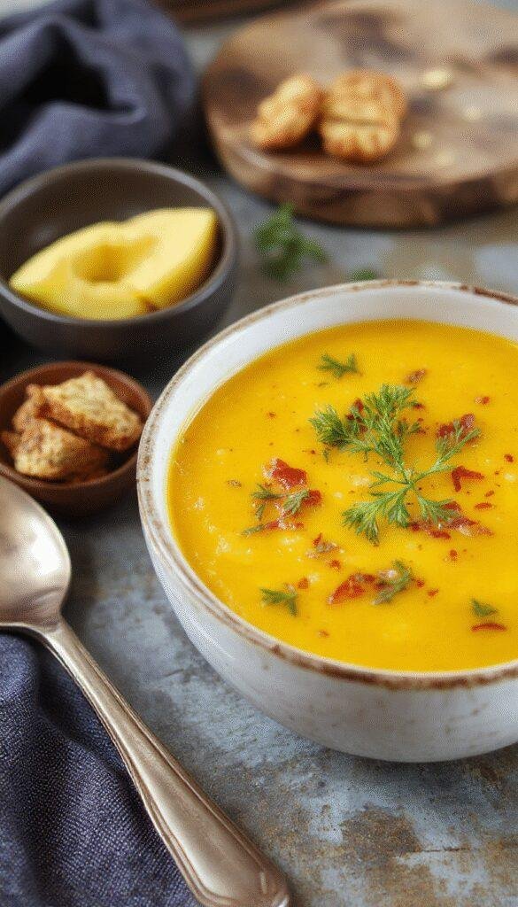A vibrant bowl of Zesty Turmeric Lentil Soup garnished with fresh herbs and lemon wedge, showcasing its bright yellow color and hearty texture.
