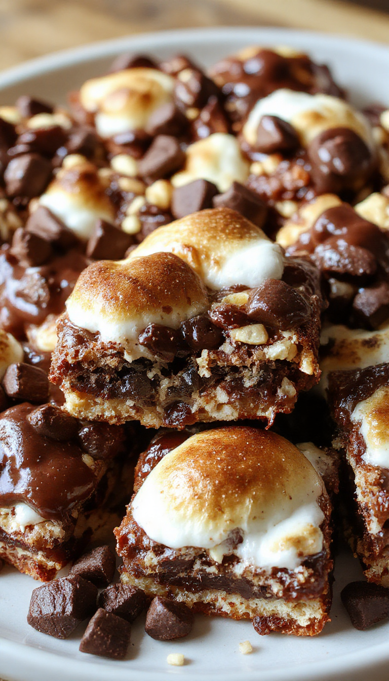 A close-up of gooey S'mores Bars with layers of melted chocolate, toasted marshmallows, and graham cracker crust, perfect for a celebration.