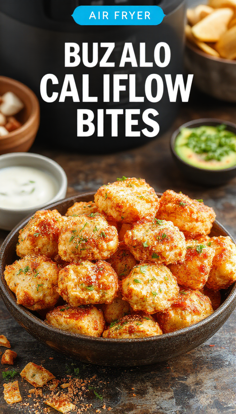 A plate of crispy buffalo cauliflower bites garnished with chopped parsley, served hot in a basket with a side of dipping sauce.