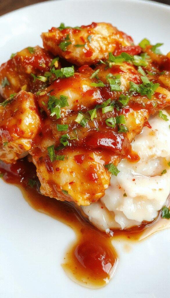 A vibrant plate of Asian Sweet Chili Chicken garnished with fresh cilantro, served alongside steamed rice and colorful vegetables.