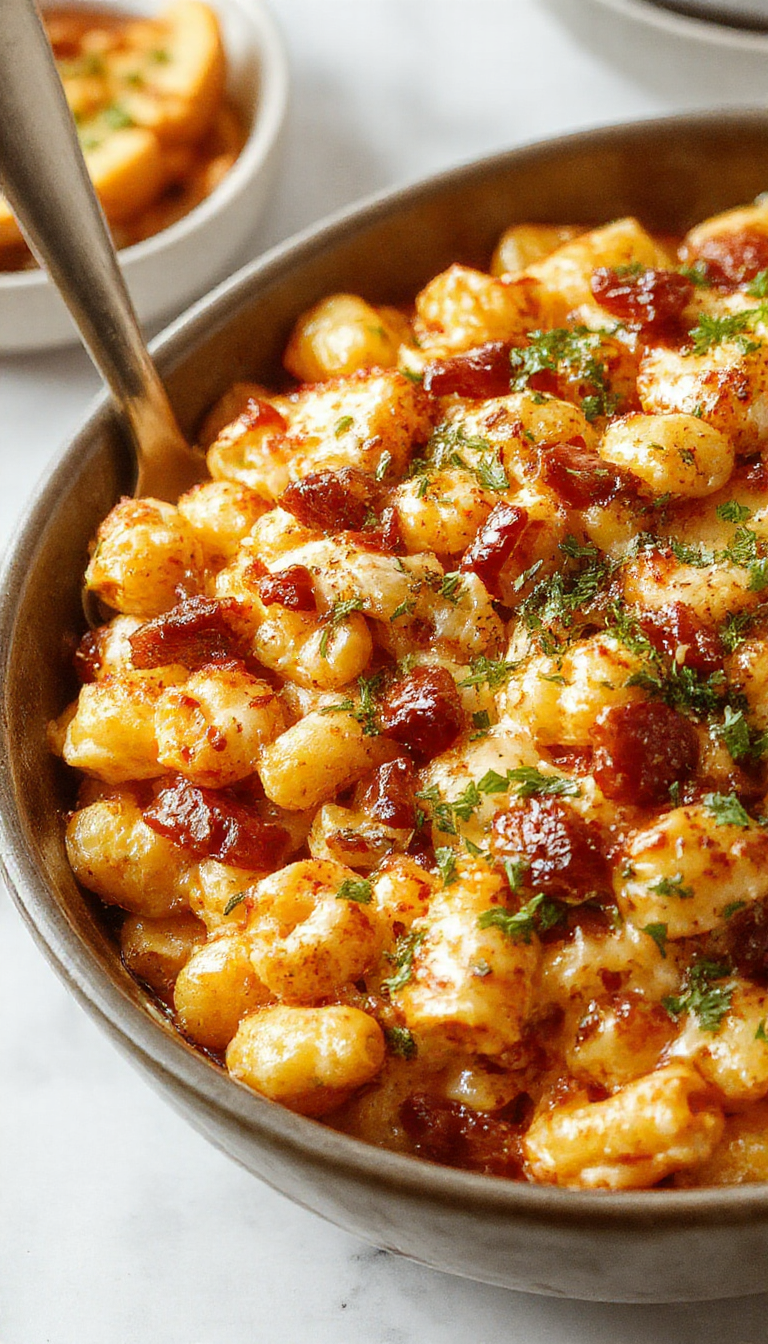 A creamy plate of BBQ Chicken Mac & Cheese topped with crispy golden breadcrumbs and garnished with fresh herbs.