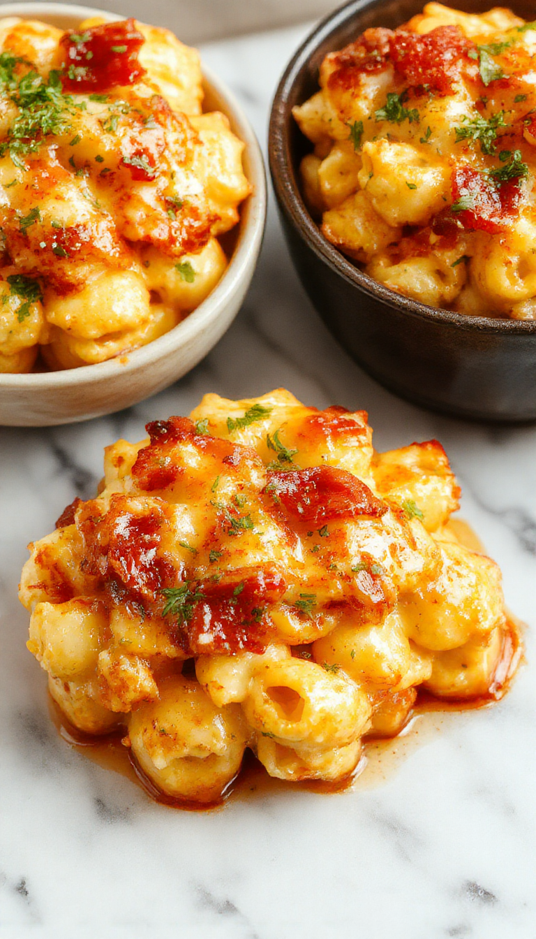 A vibrant plate of BBQ chicken mac and cheese featuring golden-brown crispy chicken pieces atop creamy, cheesy pasta with melted cheese and smoky barbecue sauce, garnished with fresh parsley, captured with bright lighting and a rustic wooden background.