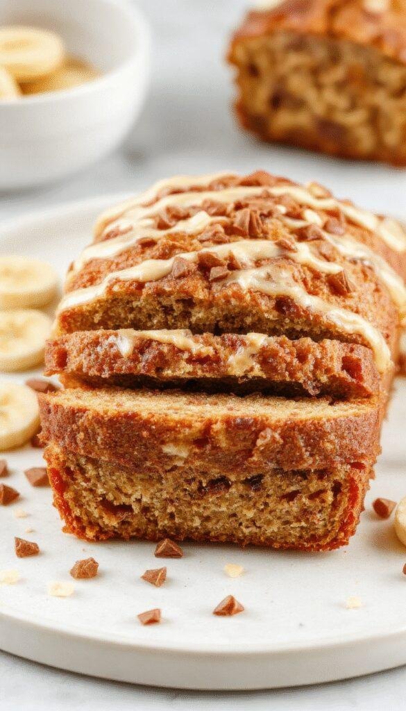 A golden loaf of bakery-style banana bread sliced open revealing its moist, fluffy interior with ripe banana chunks.