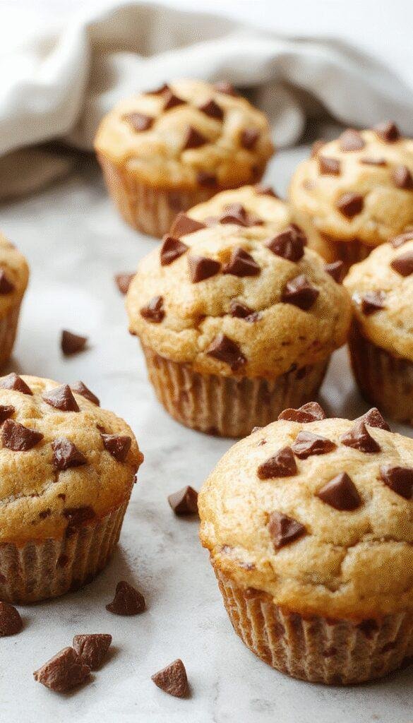 Golden banana chocolate chip muffins with melty chocolate chips and a moist crumb on a rustic plate