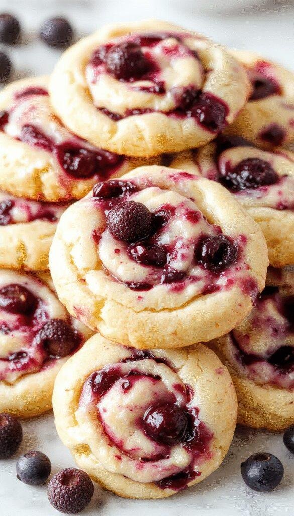 Delicious blueberry cheesecake swirl cookies displayed on a white plate, showcasing their creamy swirls and vibrant blueberry topping.