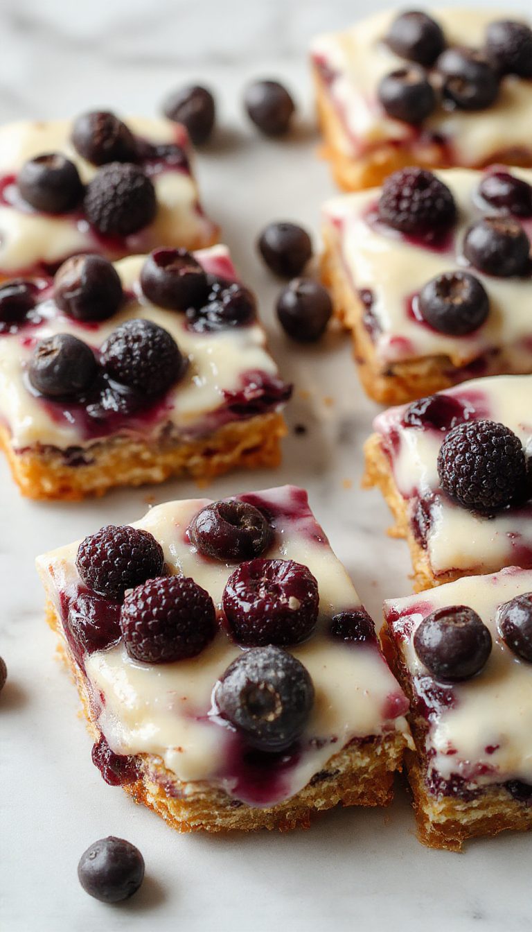 A close-up of freshly baked blueberry cream cheese bars on a rustic wooden platter, showcasing golden crust, creamy filling flecked with vibrant blueberries, topped with a dusting of powdered sugar, styled with blueberry sprigs and a vintage fork.