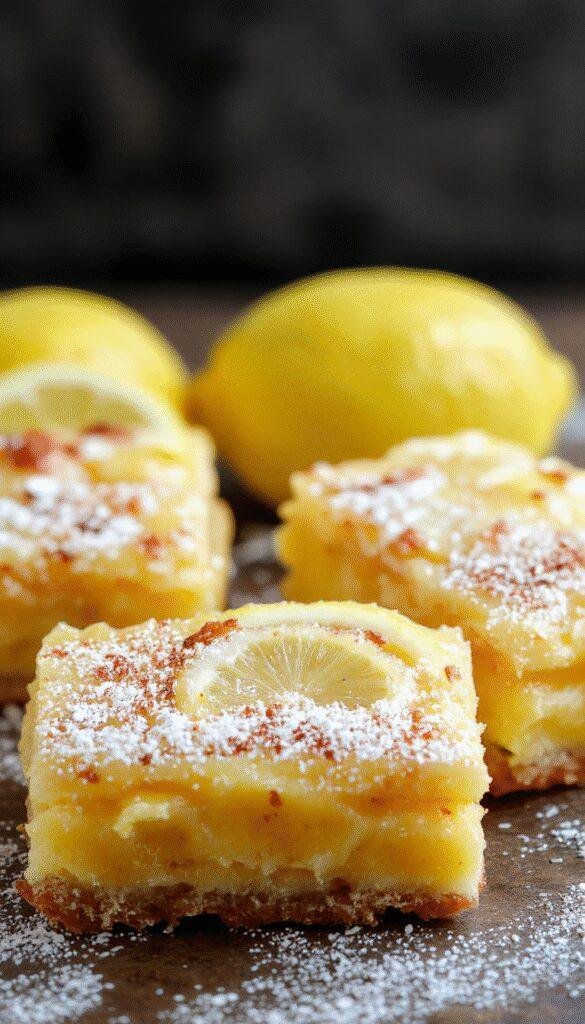 A close-up of Bright & Fudgy Lemon Dream Bars showing a zesty lemon topping with glossy, fudgy base and lemon zest garnish.