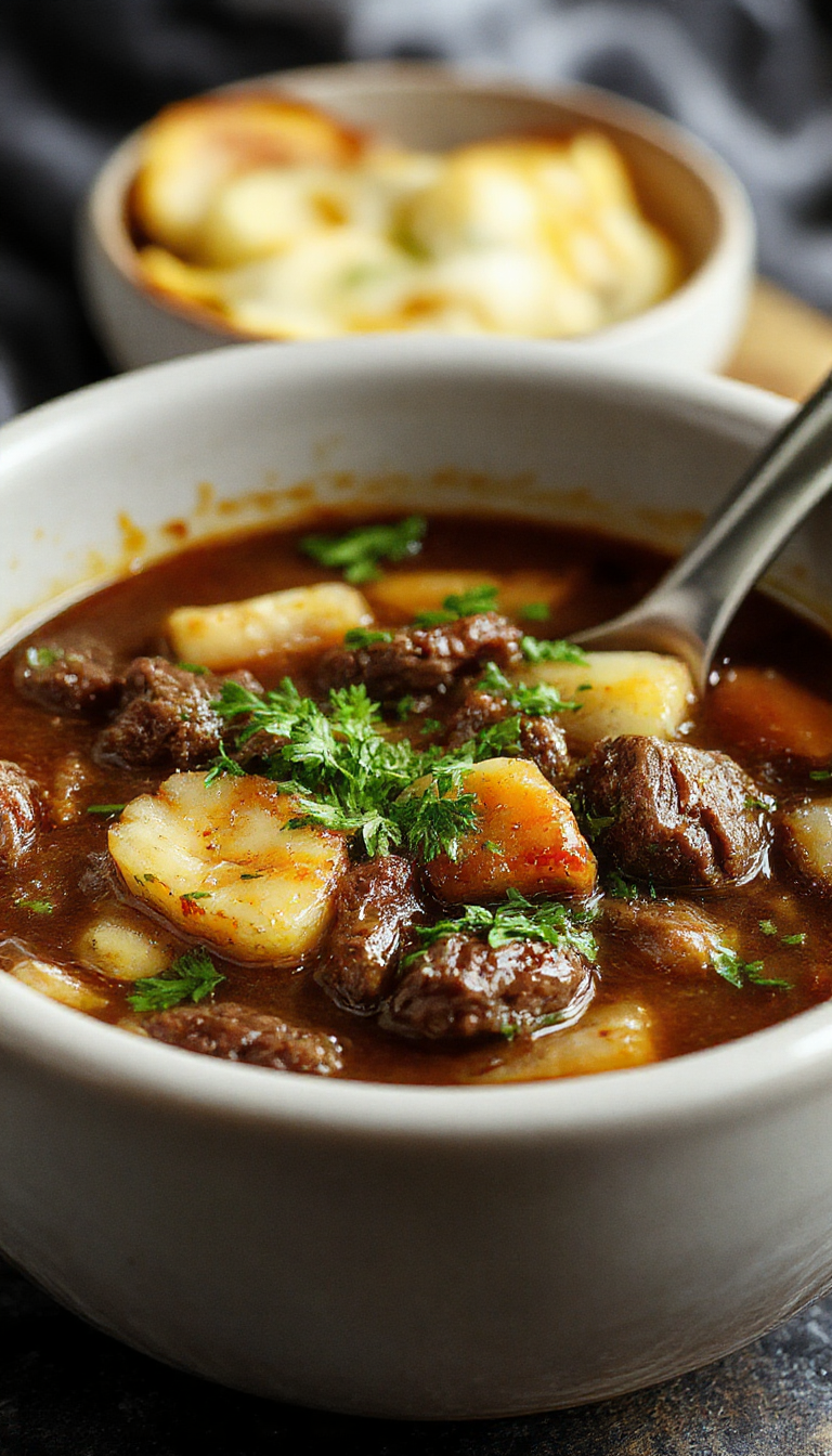 A steaming bowl of Bubbling Brew Beef Stew with tender beef chunks, carrots, potatoes, and herbs, surrounded by bubbling pot and spooky Halloween decorations.