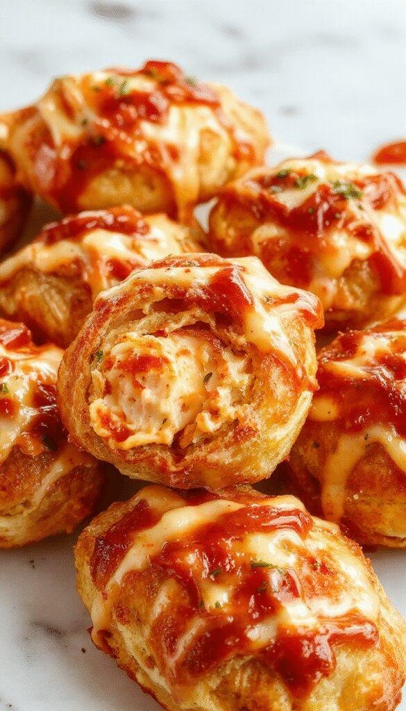 Golden-brown crescent rolls filled with melted cheese and tender chicken, topped with a crispy, bubbly cheese layer, neatly arranged on a white plate with a hint of parsley garnish, showcasing a warm, inviting texture and rich, cheesy interior.