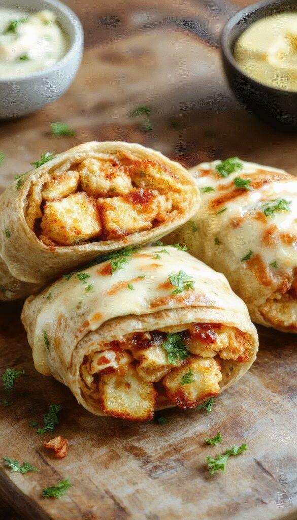 Close-up of cheesy garlic chicken wraps garnished with herbs, showcasing melted cheese, crispy chicken pieces, and fresh vegetables inside a soft wrap.