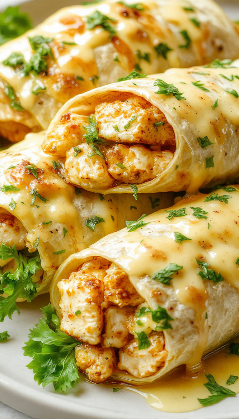 Close-up of cheesy garlic chicken wraps with melted cheese, crispy wrap exterior, and fresh greens, showcasing a delicious and hearty meal.