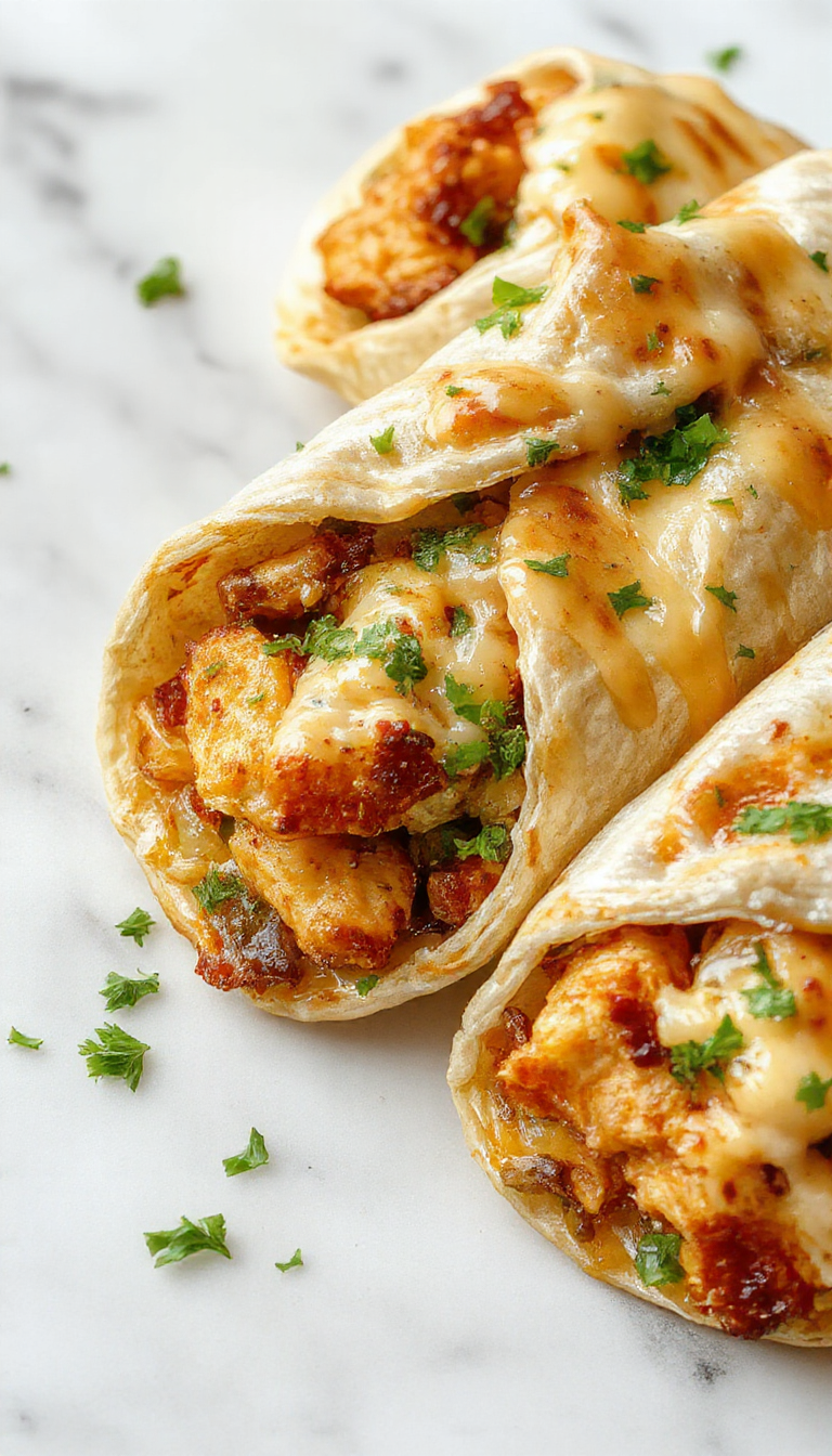 A close-up of golden-brown chicken wraps filled with melted cheese and crispy garlic seasoning, garnished with fresh herbs on a rustic wooden plate, showcasing gooey cheese oozing from the ends.
