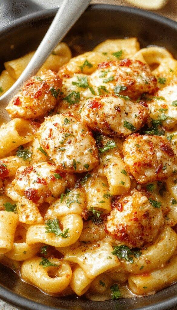 A plate of cheesy parmesan chicken pasta with golden chicken pieces, creamy sauce, and freshly grated parmesan on top, garnished with herbs.