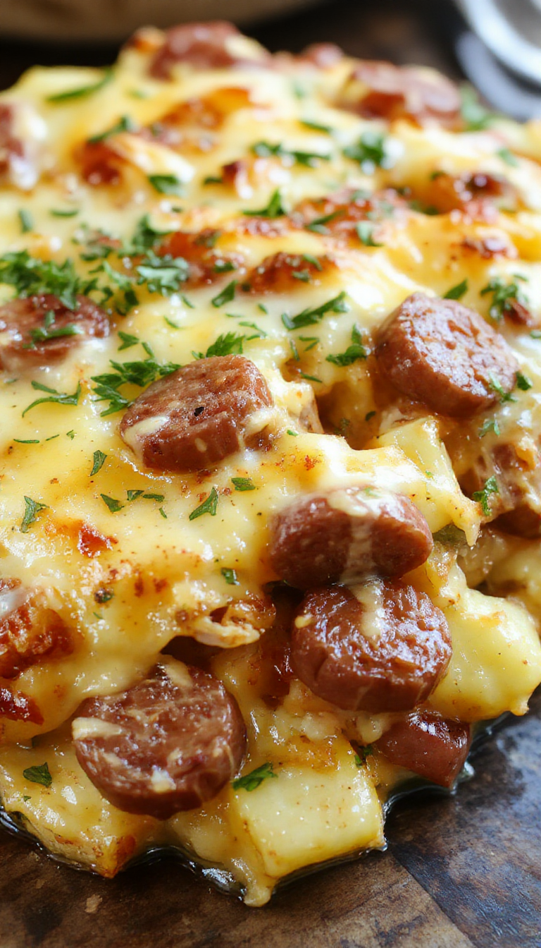 A hearty Cheesy Ranch Potato & Smoked Sausage Bake served in a baking dish, topped with melted cheese and fresh herbs, showcasing a comforting and savory meal.