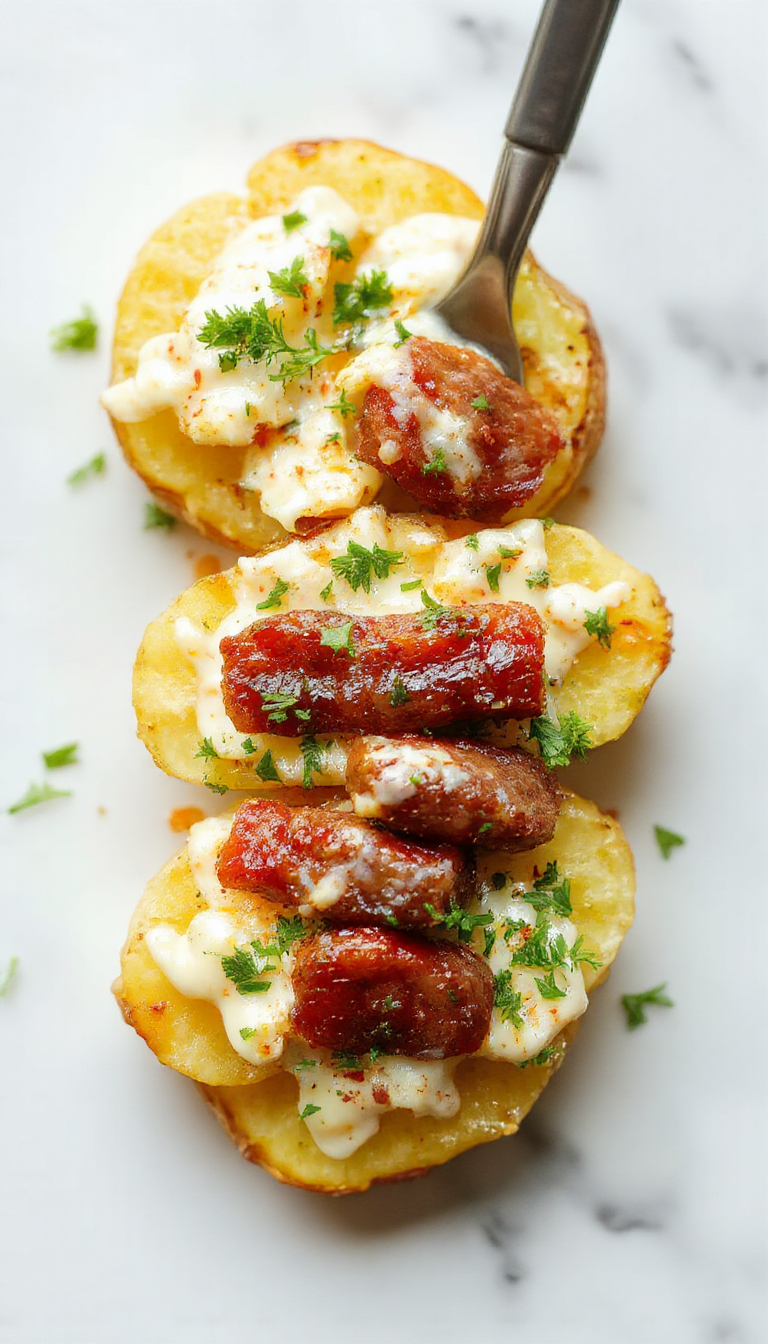 A vibrant plate featuring golden roasted potatoes topped with melted cheddar cheese and garnished with fresh chopped herbs. Slices of smoked sausage with smoky char marks are arranged alongside creamy ranch dressing, all presented on a rustic wooden table with colorful vegetables in the background, highlighting textures and rich flavors.