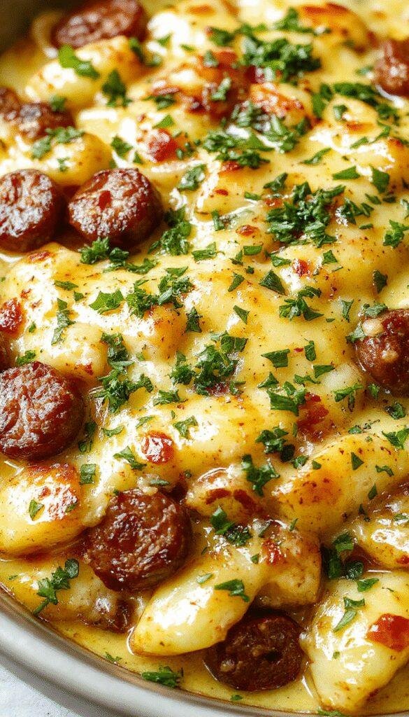 A delicious cheesy smoked sausage and ranch potato bake with melted cheese, sliced smoked sausage, and seasoned potatoes garnished with fresh herbs.