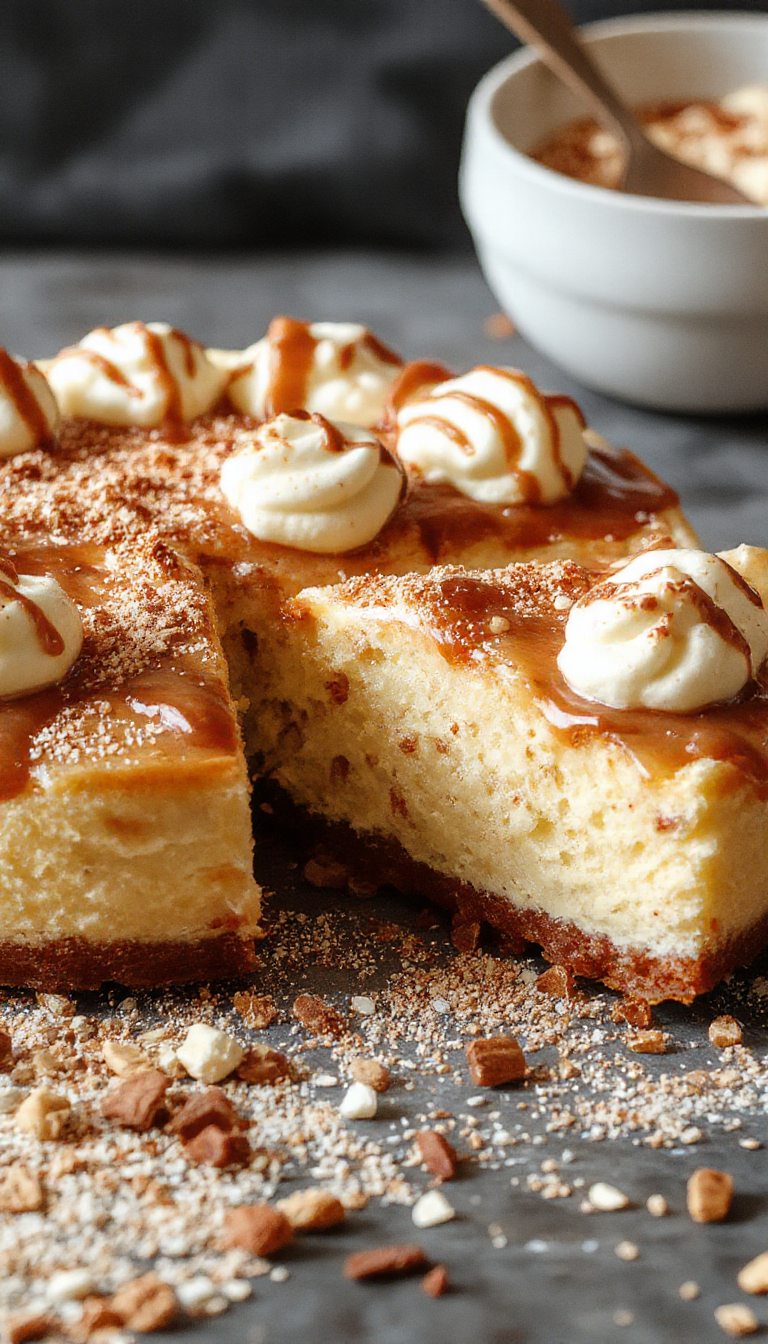 A vibrant plate of Churro Cheesecake Fiesta featuring slices of creamy cheesecake topped with cinnamon sugar churro pieces and colorful sprinkles