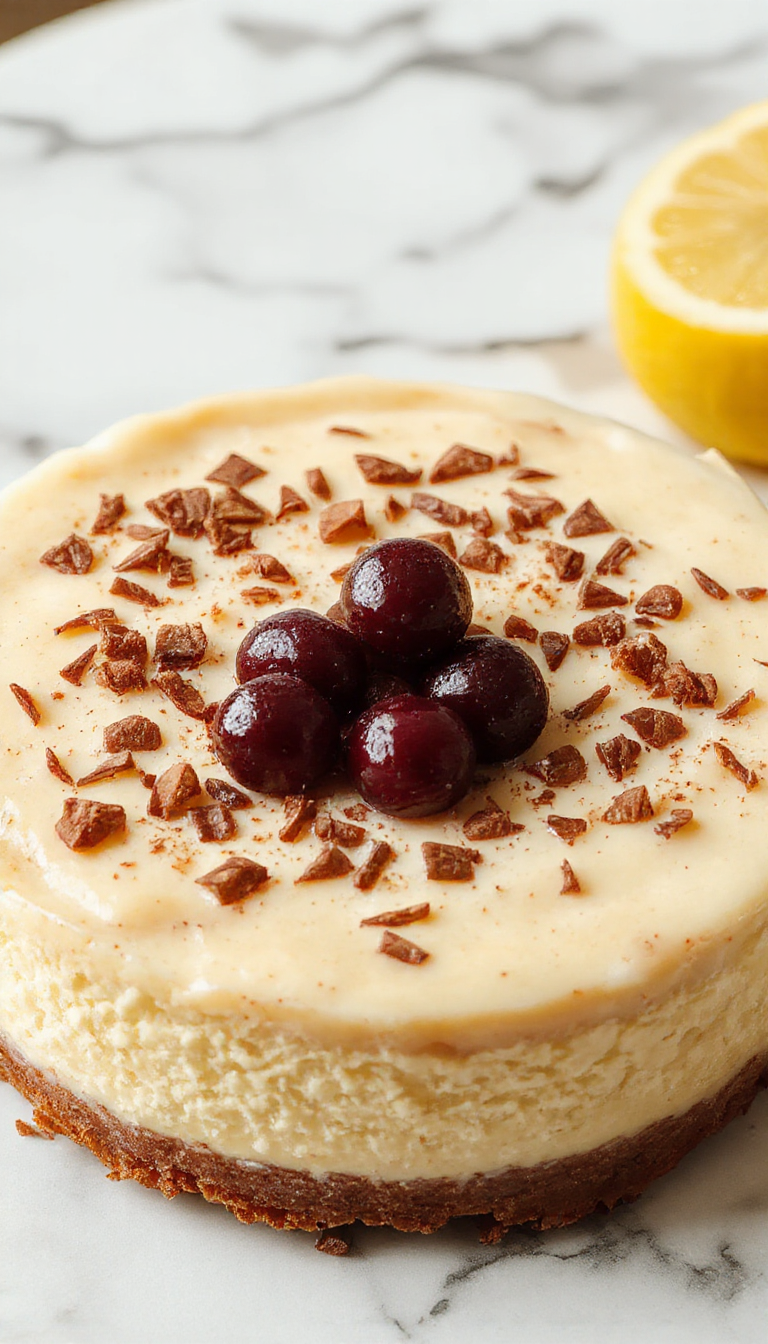 A beautifully presented cheesecake topped with a swirl of cinnamon and a dusting of powdered sugar, displayed on a rustic white plate with a cinnamon stick garnish. The cheesecake has a smooth, creamy texture with a golden-brown crust visible on the edges, set against a warm, inviting background with hints of cinnamon and vanilla pods.