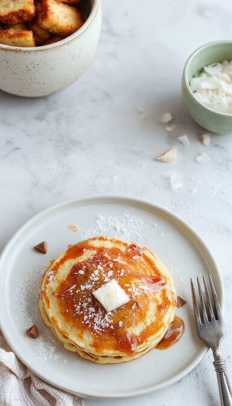 A stack of fluffy, cloud-like coconut pancakes topped with shredded coconut and a drizzle of syrup on a bright breakfast table.