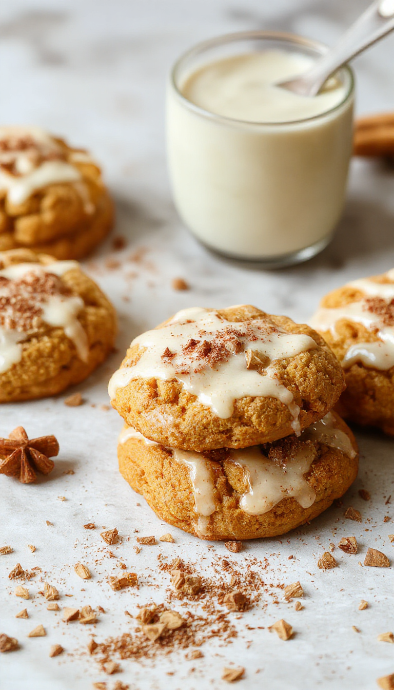 A plate of Cloud-Nine Pumpkin Spice Cookies topped with a glossy cinnamon glaze, garnished with a sprinkle of cinnamon and pumpkin seeds.