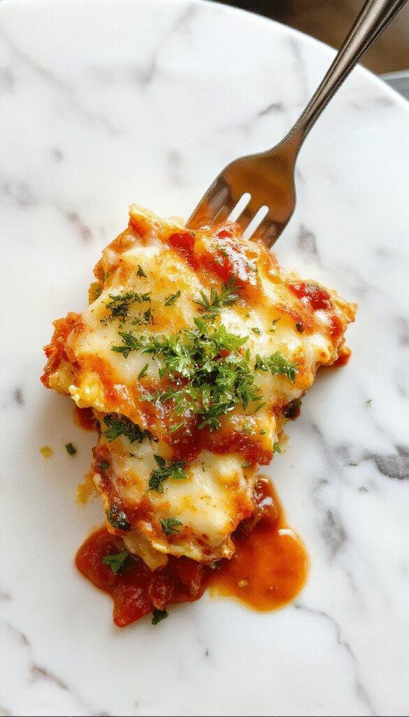 A vibrant white veggie lasagna plated beautifully with colorful layers of zucchini, bell peppers, spinach, and melted cheese, garnished with fresh herbs, on a rustic wooden surface with a creamy sauce drizzled on top.