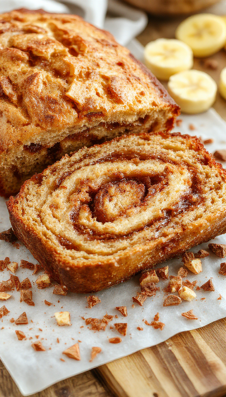 A freshly baked loaf of Cozy Cinnamon Swirl Banana Bread with swirls of cinnamon and ripe banana slices on top, on a rustic wooden table.