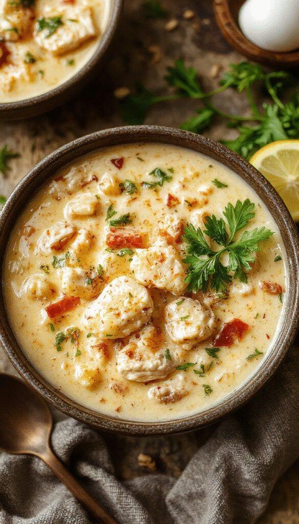 A steaming bowl of Cozy Fall Creamy White Chicken Chili garnished with cilantro and a lime wedge, surrounded by warm autumn decor.