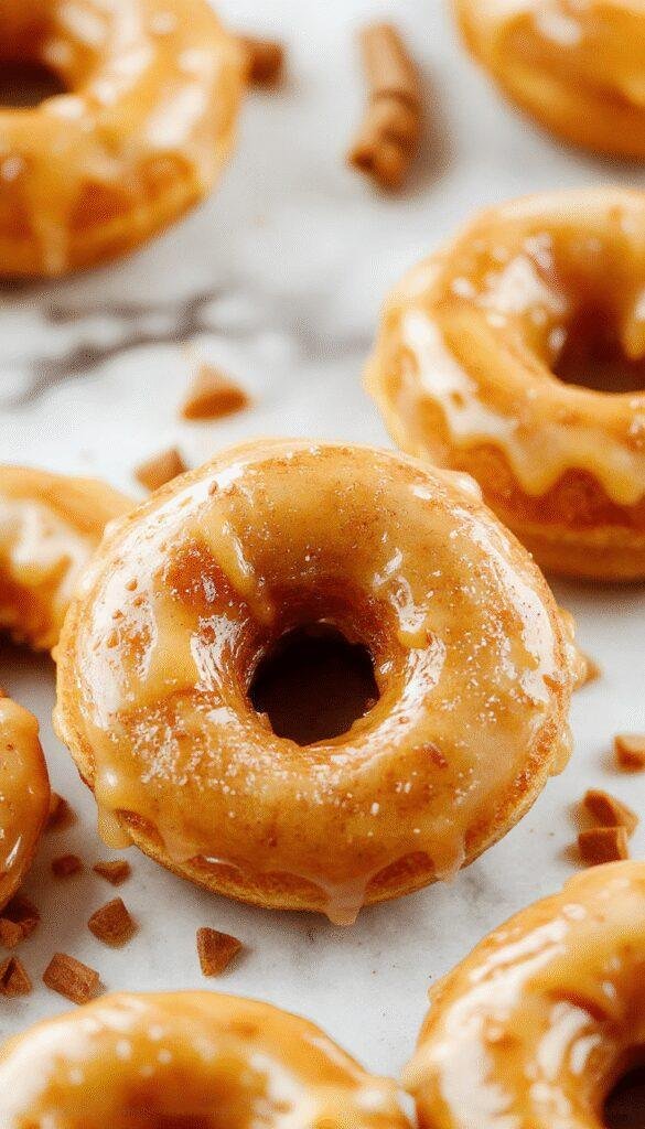 A plate of cozy maple-glazed pumpkin donuts topped with a drizzle of glaze and sprinkled with cinnamon, surrounded by autumn leaves.
