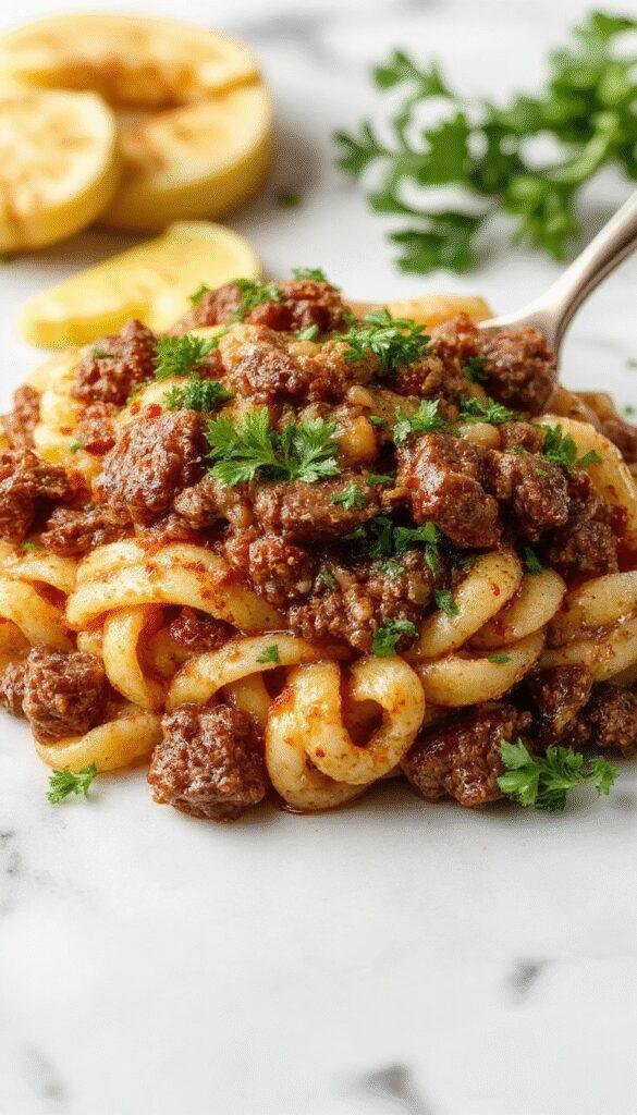 A close-up of a rustic white bowl filled with savory ground beef orzo, topped with fresh herbs. The dish showcases tender ground beef mixed with perfectly cooked orzo pasta, with a rich tomato-based sauce. The vibrant colors include the reddish-brown beef, golden orzo, and bright green garnishes, all styled on a wooden table with a spoon resting nearby.