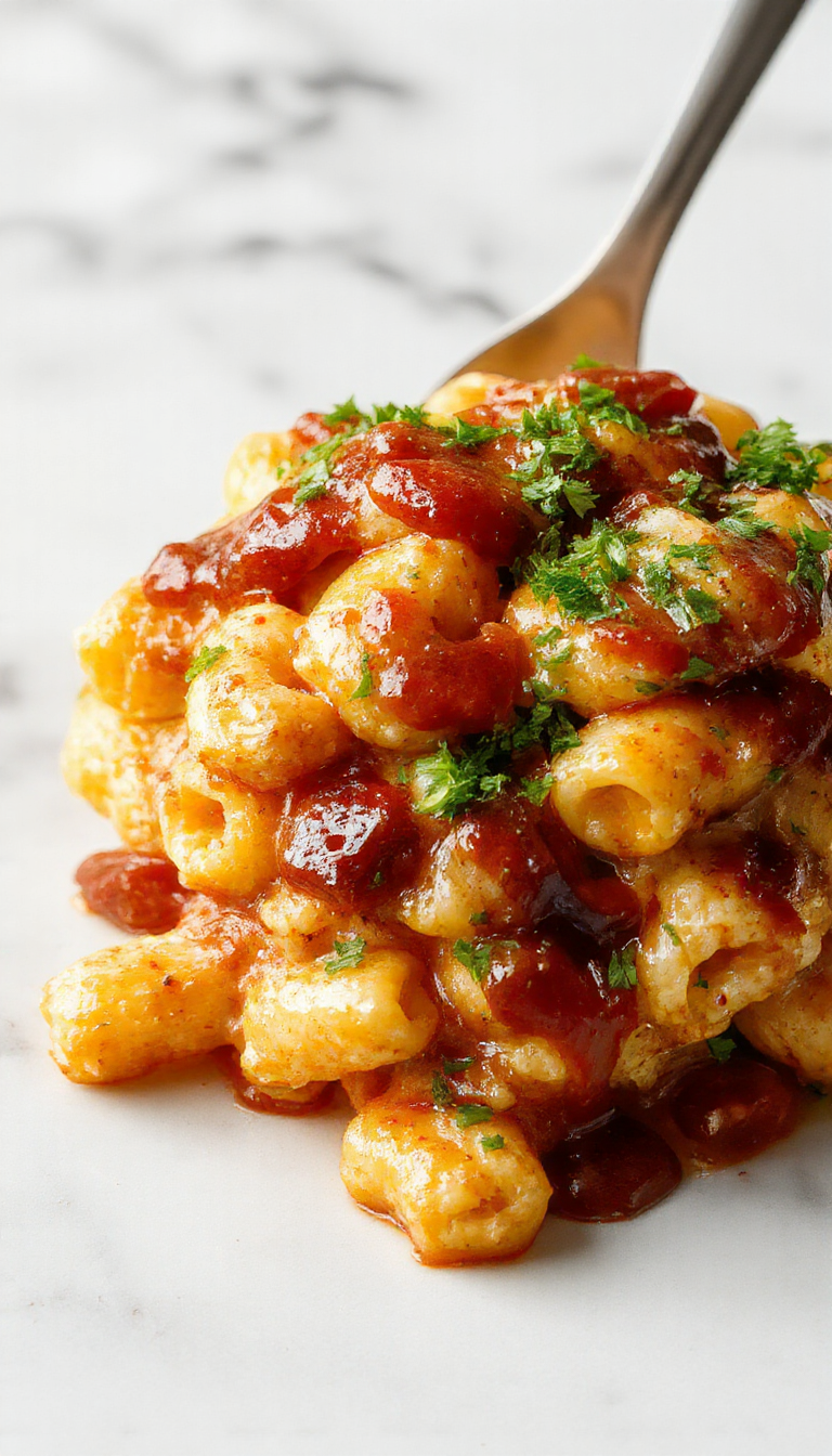 A close-up of a bowl of creamy BBQ chicken mac and cheese featuring tender pasta coated in a rich cheese sauce, topped with shredded barbecue chicken and garnished with chopped green herbs, served on a rustic wooden table