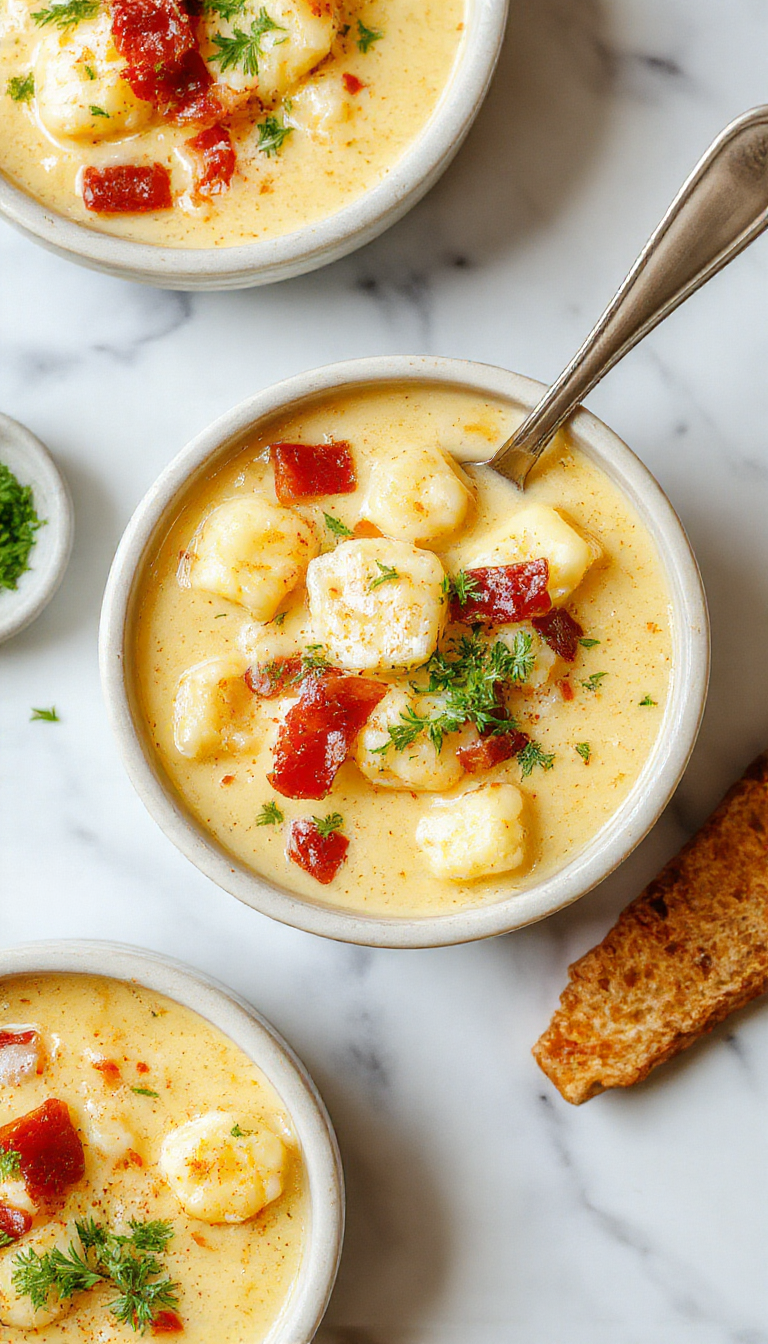 A vibrant bowl of creamy bacon cheddar gnocchi soup featuring golden-brown bacon crumbles, soft plump gnocchi, melted cheddar cheese, and fresh herbs on top, served in a rustic white bowl with a textured wooden background and a sprig of parsley for garnish