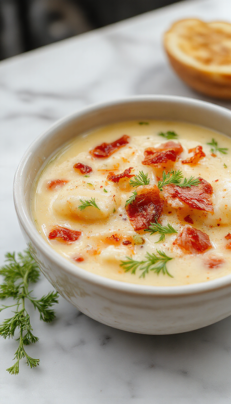 A bowl of creamy gnocchi soup topped with crispy bacon bits, melted cheddar cheese, and fresh herbs, garnished with a sprig of thyme, served in a rustic white bowl on a wooden table