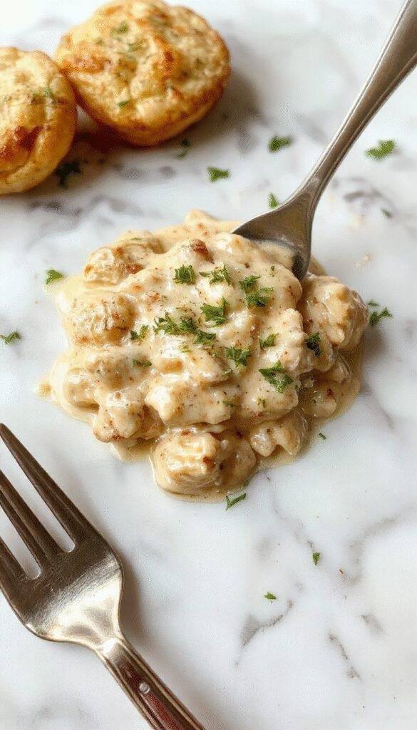 A close-up of a creamy chicken stroganoff served in a rustic white bowl, garnished with fresh parsley. The dish features tender shredded chicken and mushrooms coated in a rich, luscious sauce, contrasted by a sprinkle of herbs and a side of steamed rice. The presentation emphasizes the smooth texture and hearty appeal, styled on a wooden table with neutral background lighting to enhance the warm, inviting colors.