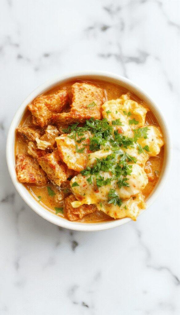 A vibrant bowl featuring sliced crispy chicken coated in a creamy, spicy sauce, garnished with green scallions and sesame seeds. The bowl is filled with crisp vegetables and drizzled with a bright, tangy sauce, creating a colorful and appetizing presentation.