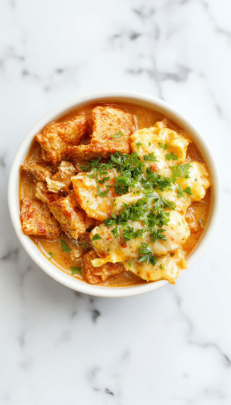 A vibrant bowl featuring sliced crispy chicken coated in a creamy, spicy sauce, garnished with green scallions and sesame seeds. The bowl is filled with crisp vegetables and drizzled with a bright, tangy sauce, creating a colorful and appetizing presentation.