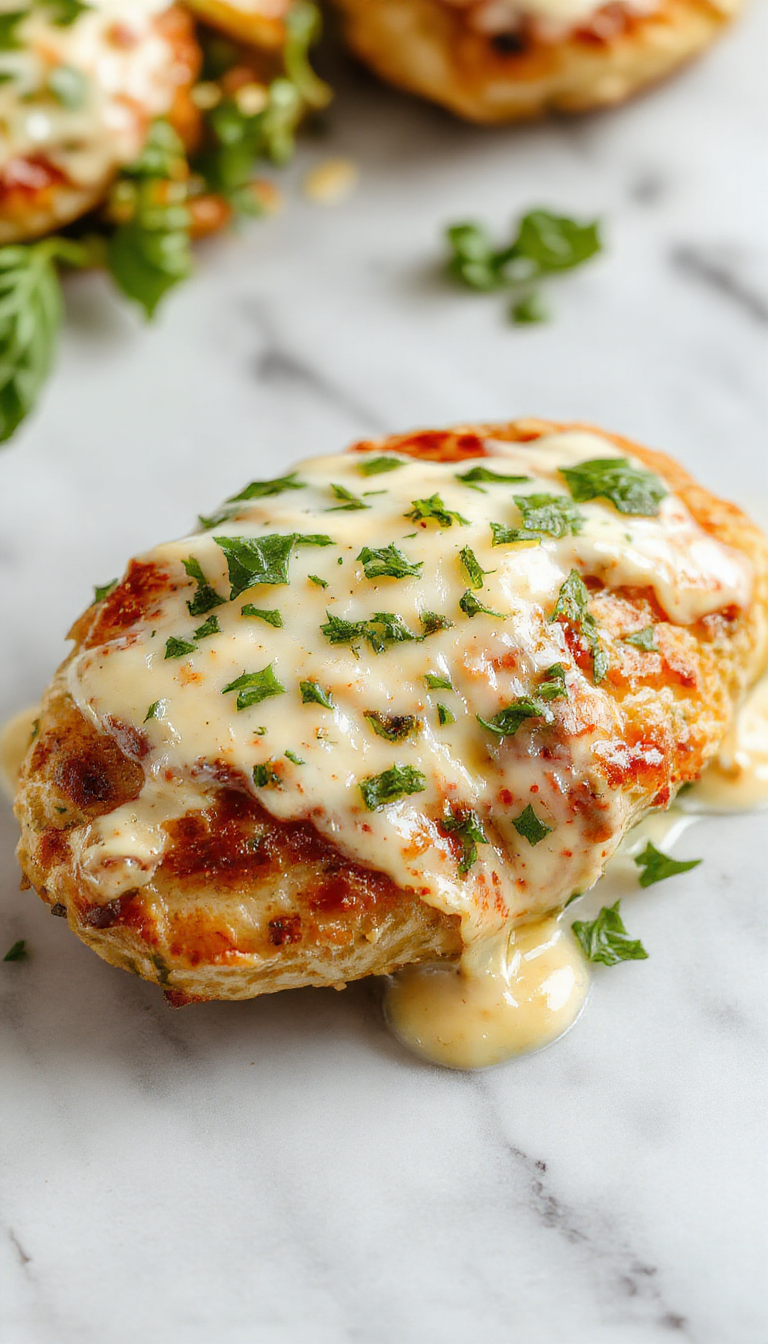 A close-up of a plated chicken dish featuring tender slices of mozzarella-stuffed chicken breast topped with a vibrant green basil cream sauce. The chicken rests on a bed of pasta or rice, garnished with fresh basil leaves and a sprinkle of parmesan cheese, all presented on a white, elegant plate with a rustic wooden background.