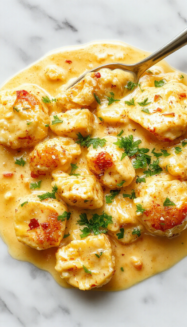 A vibrant plate of creamy butter chicken featuring golden-brown tender chicken pieces smothered in a rich, buttery tomato-based sauce garnished with fresh cilantro, served alongside steamed rice. The dish is styled on a rustic white plate with a drizzle of sauce, with a side of garnish and warm ambient lighting highlighting the creamy texture and inviting color contrast.