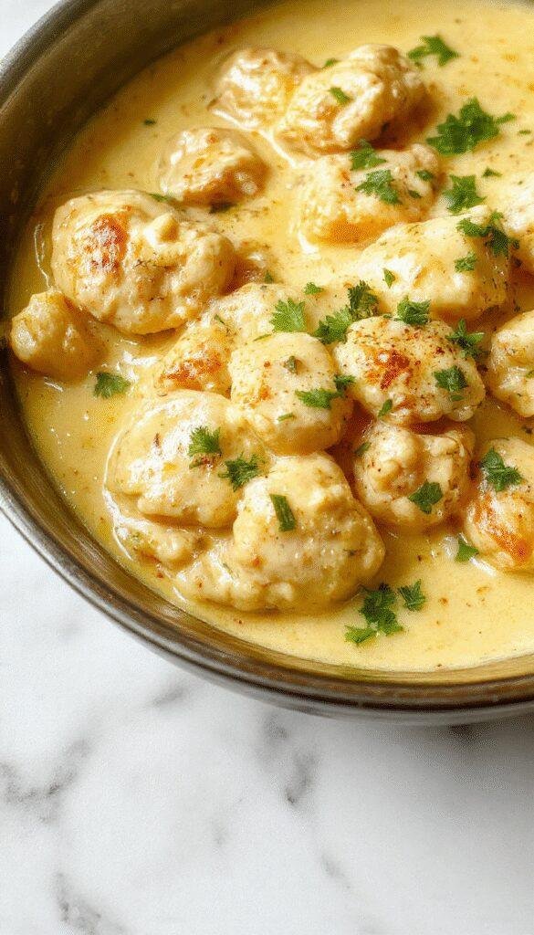 A vibrant skillet features tender golden-brown chicken pieces coated in a rich, creamy butter sauce, garnished with fresh herbs and served alongside colorful vegetables, all presented on a rustic wooden table.